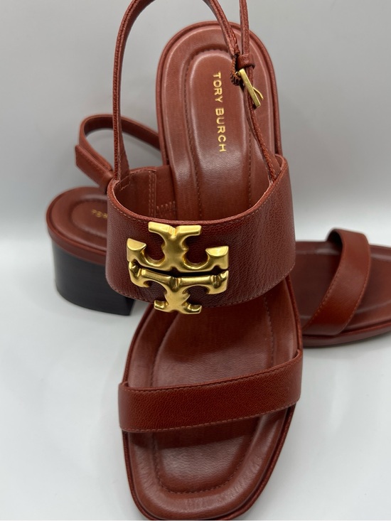 Tory Burch Shoes - Tory Burch Rust Brown Leather Slingback Sandals with Gold Logo Accent